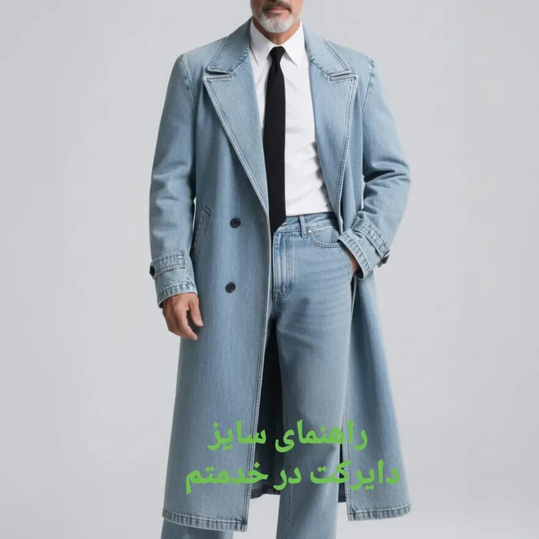پالتو جین مردانه، رنگ آبی روشن، بلند، دبل برست، یقه انگلیسی