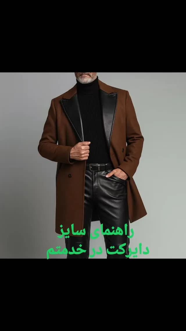پالتو فوتر با یقه چرمی، رنگ قهوه‌ای و مشکی، بلند، یقه پهن، آستین بلند