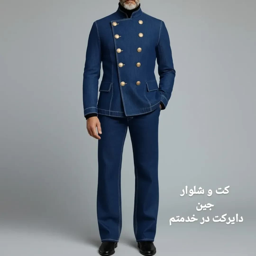 کت و شلوار جین مردانه، رنگ سرمه‌ای، کت دبل برست، شلوار راسته