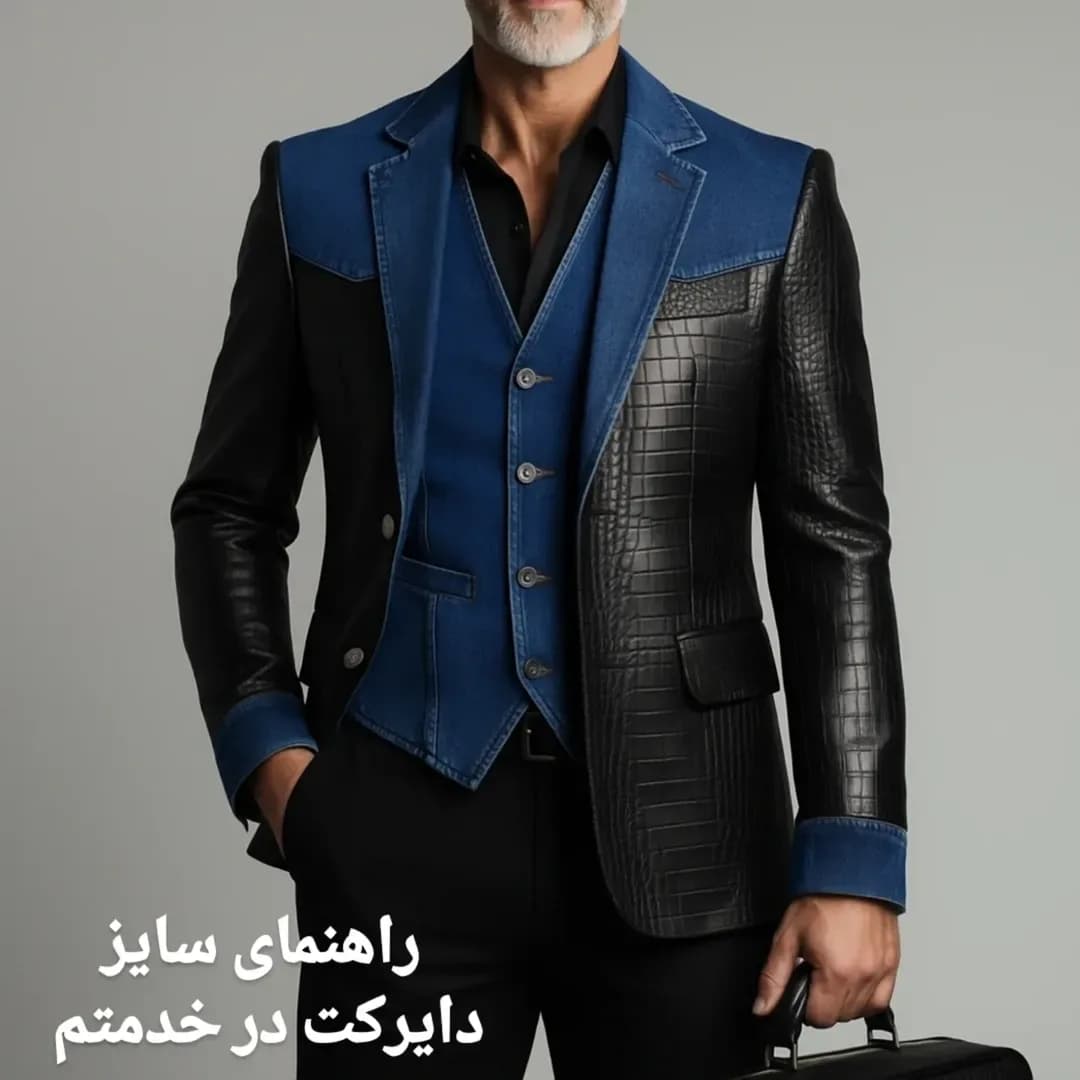کت ترکیبی چرم کروکو و جین، رنگ آبی و مشکی، طرح طرح حیوانی، کوتاه، یقه انگلیسی، جذب