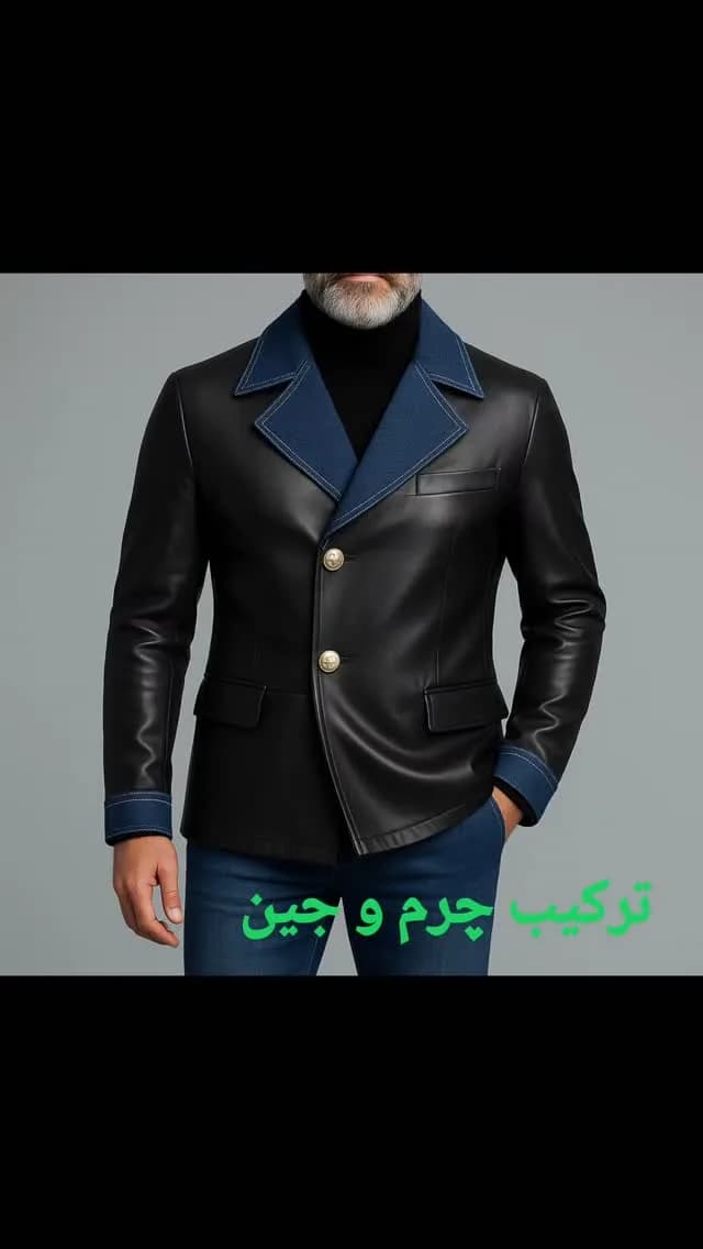 کت ترکیبی چرم و جین مردانه، رنگ مشکی و آبی، کوتاه، یقه انگلیسی، آستین بلند، معمولی