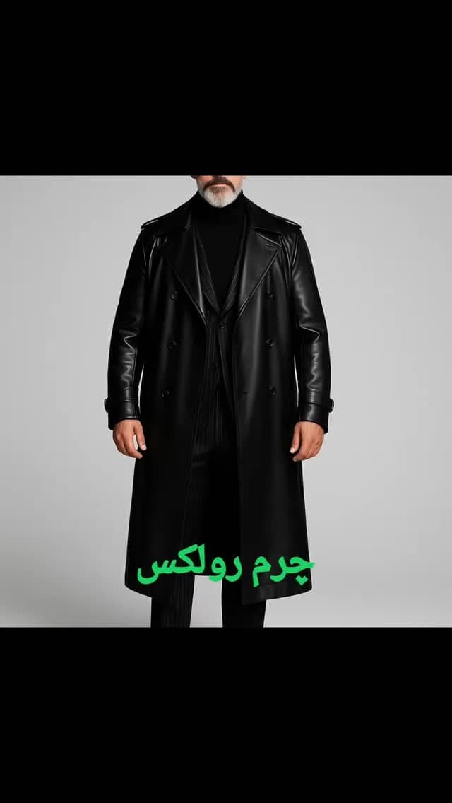 پالتو بلند چرم رولکس مردانه، رنگ مشکی، دبل برست، یقه انگلیسی