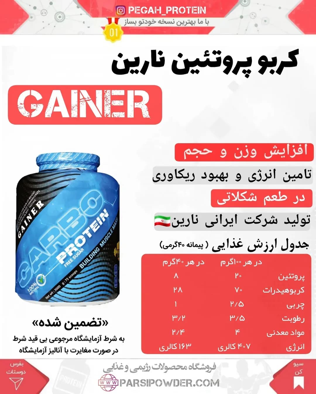کربو پروتئین گینر پگاه، رنگ آبی، سیاه و سفید، جنس پلاستیک، طرح هندسی، قوطی مکمل