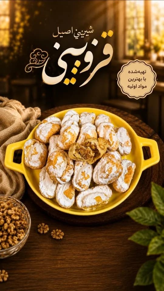 قطاب گردویی قزوینی، رنگ زرد، سفید و قهوهای، طرح پودر قند، بشقاب دستهدار گرد