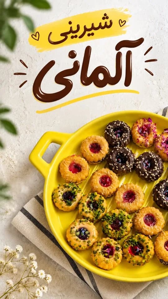 شیرینی آلمانی پسته، رنگ زرد، قهوهای و قرمز، گرد، تکه ای
