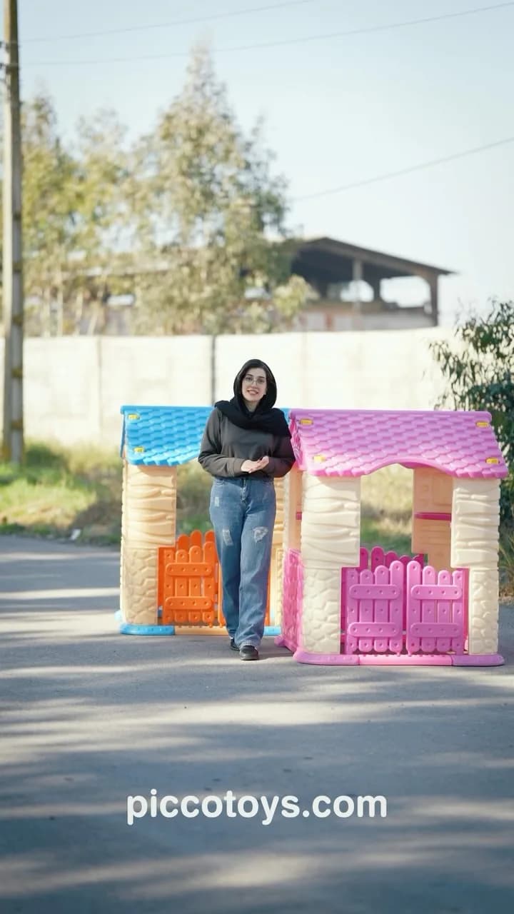 کلبه بازی کودک دیزنی، رنگ صورتی، آبی و کرم، جنس پلاستیک، خانه پلاستیکی بزرگ