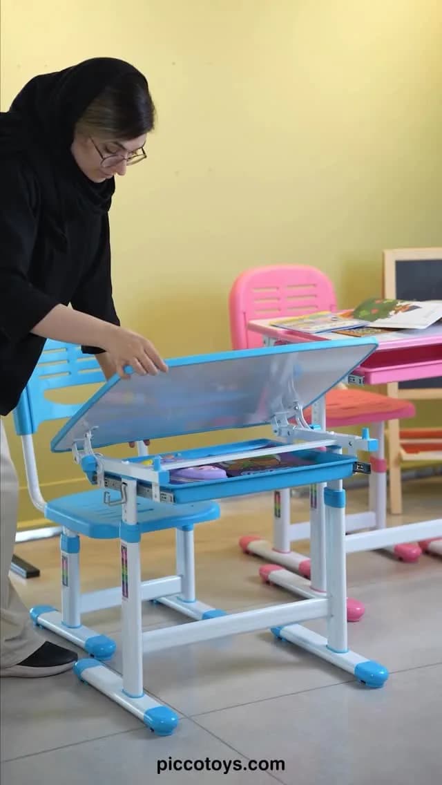 میز و صندلی تحریر کودک، رنگ آبی و سفید، جنس پلاستیک و فلز، تاشو، قابل تنظیم