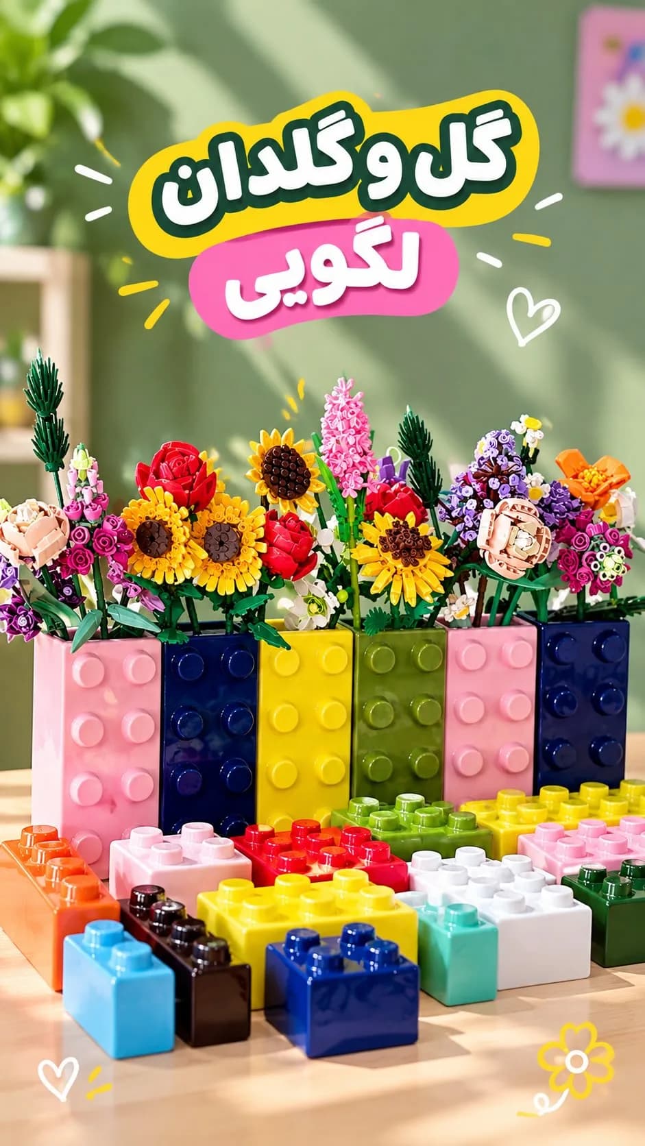 گلدان و گل لگویی، رنگ چندرنگ، جنس پلاستیک، طرح گلدار، ساختنی، تزئینی