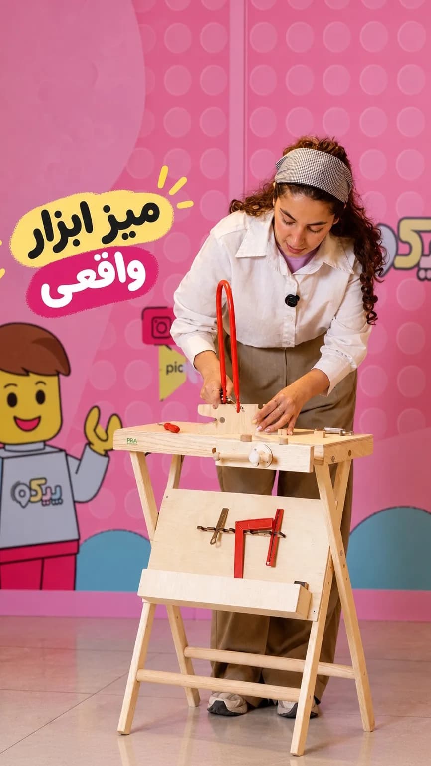 میز ابزار کودک با ست ابزار، رنگ کرم و قرمز، جنس چوب، میز کار آموزشی