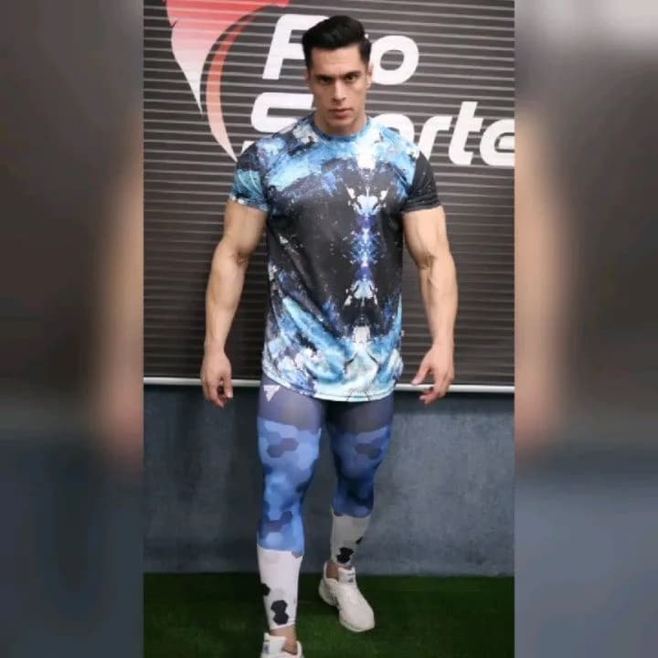 ست تیشرت و لگ سابلی Reebok، رنگ آبی، سرمهای و سفید، آستین کوتاه، جذب، لگریزی