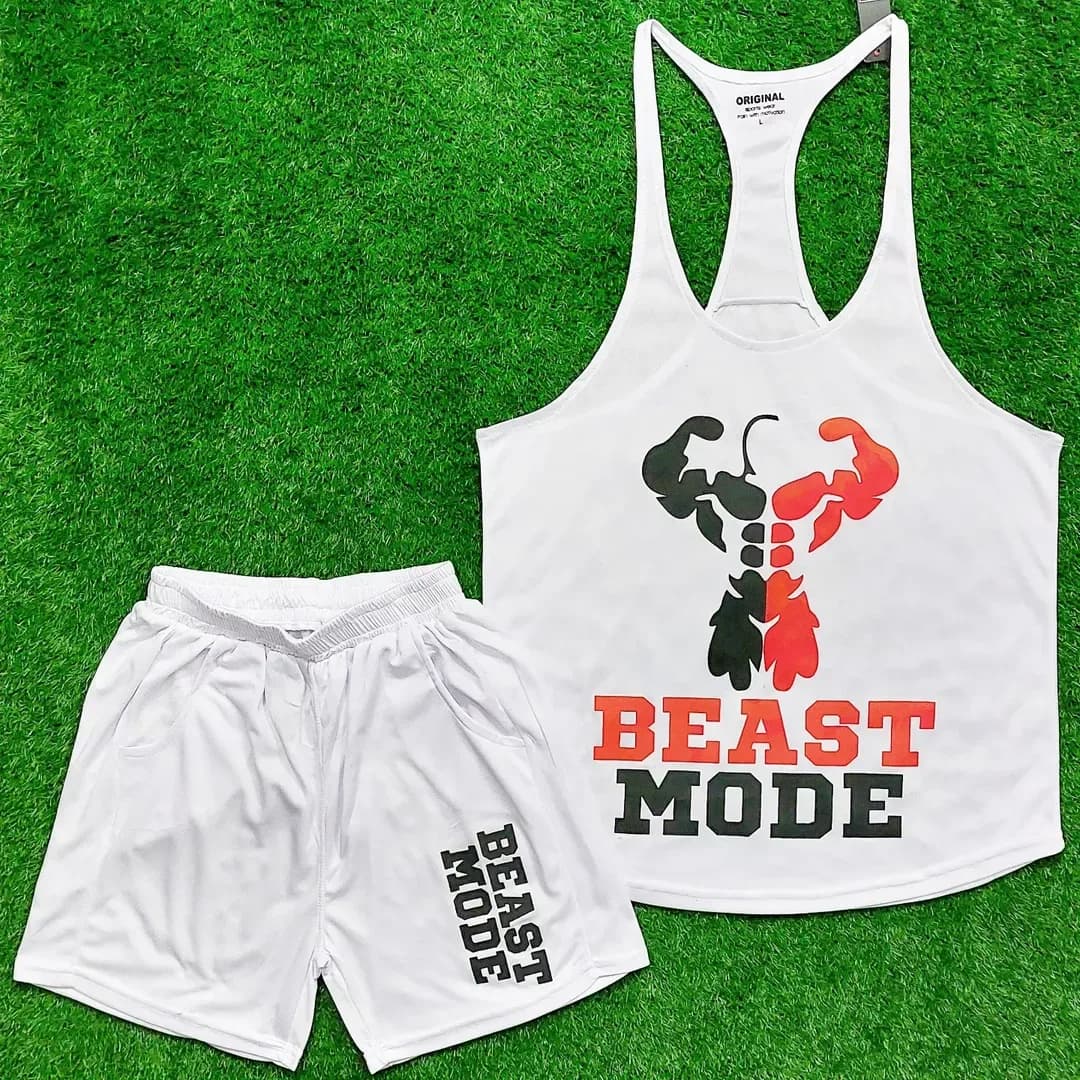 ست رکابی و شلوارک مردانه BEAST MODE، رنگ سفید، مشکی و قرمز، رکابی و شلوارک کوتاه