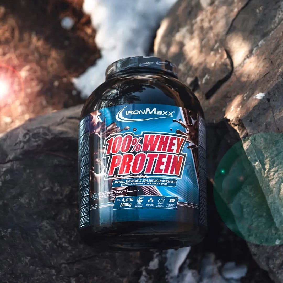 پروتئین وی Whey 100% IronMaxx، رنگ مشکی و آبی، جنس پلاستیک، ظرف پودر