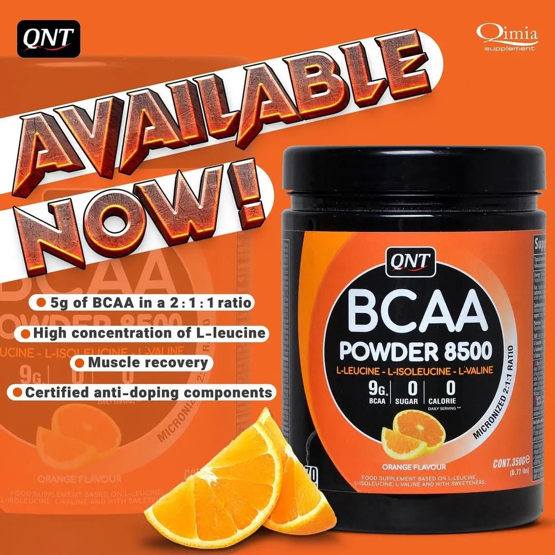پودر BCAA 8500 QNT، رنگ نارنجی و مشکی، جنس پلاستیک، ظرف پودر