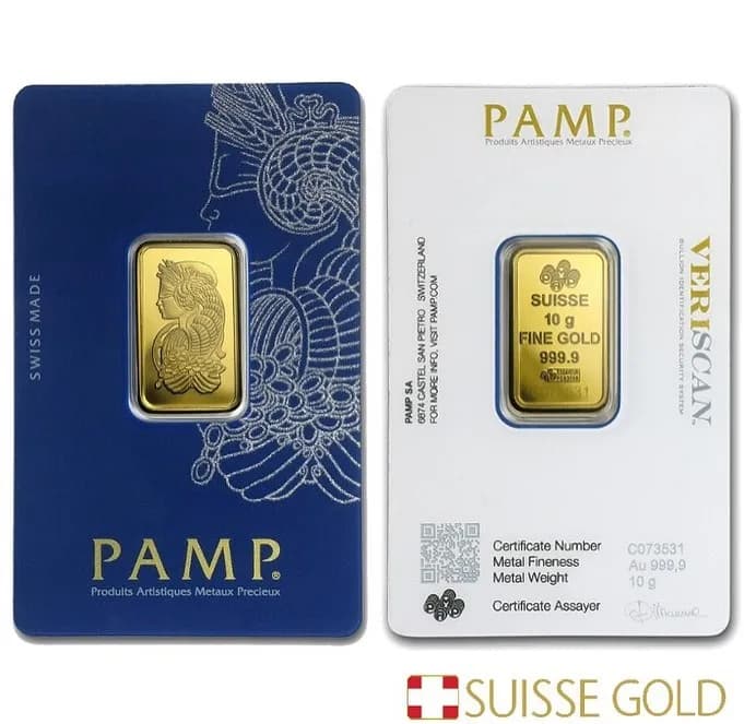 شمش طلا پمپ سوئیس PAMP، رنگ زرد، جنس فلز، مستطیل کوچک