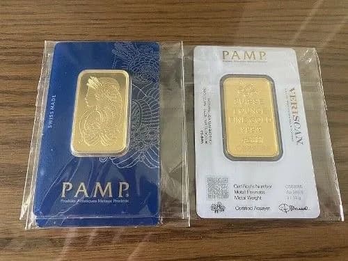 شمش طلا یک اونس ۳۱.۱ گرم PAMP، رنگ طلایی و آبی، جنس پلاستیک، مستطیل وکیوم‌شده