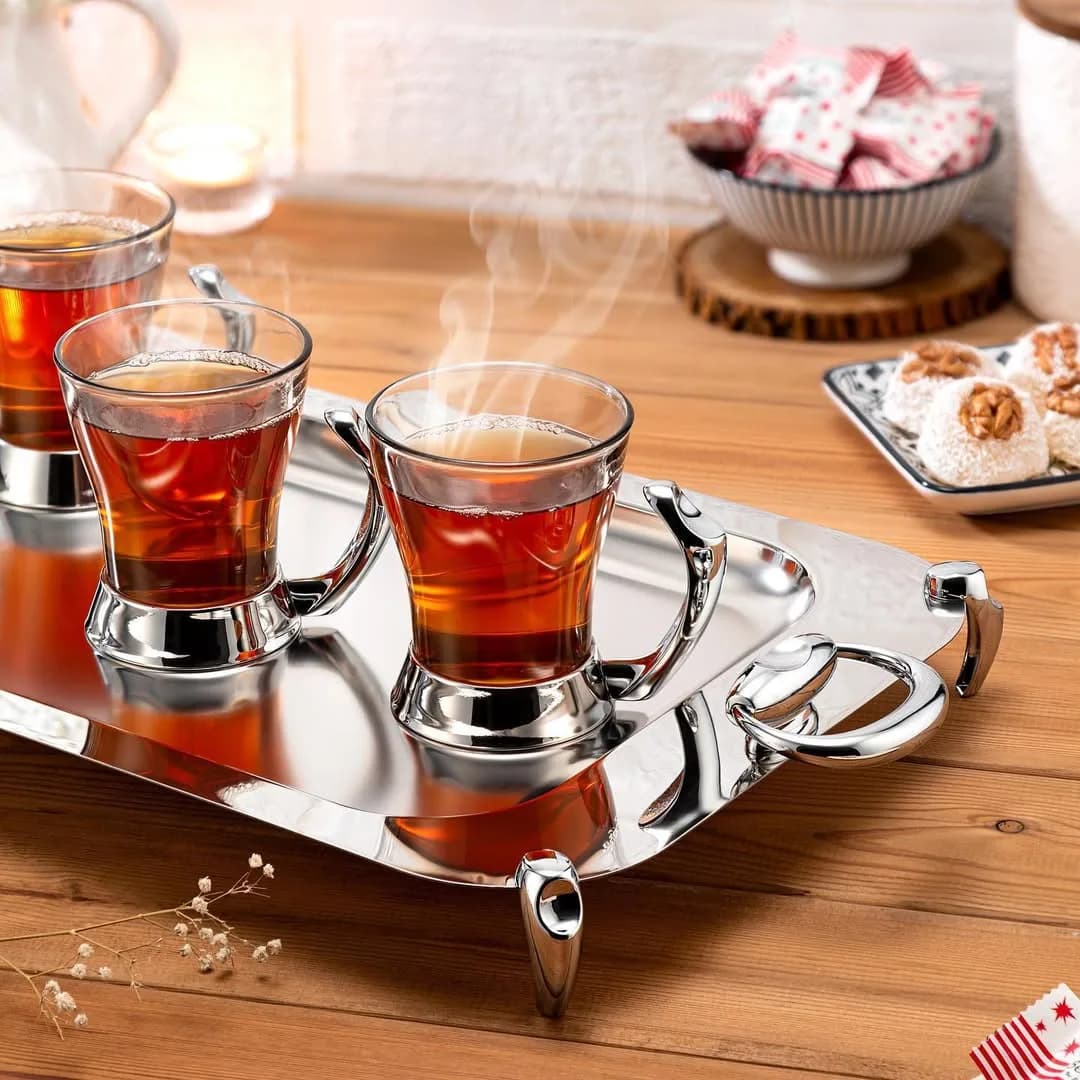 سینی و لیوان استیل رامیسا، رنگ نقرهای، مستطیلی، دستهدار