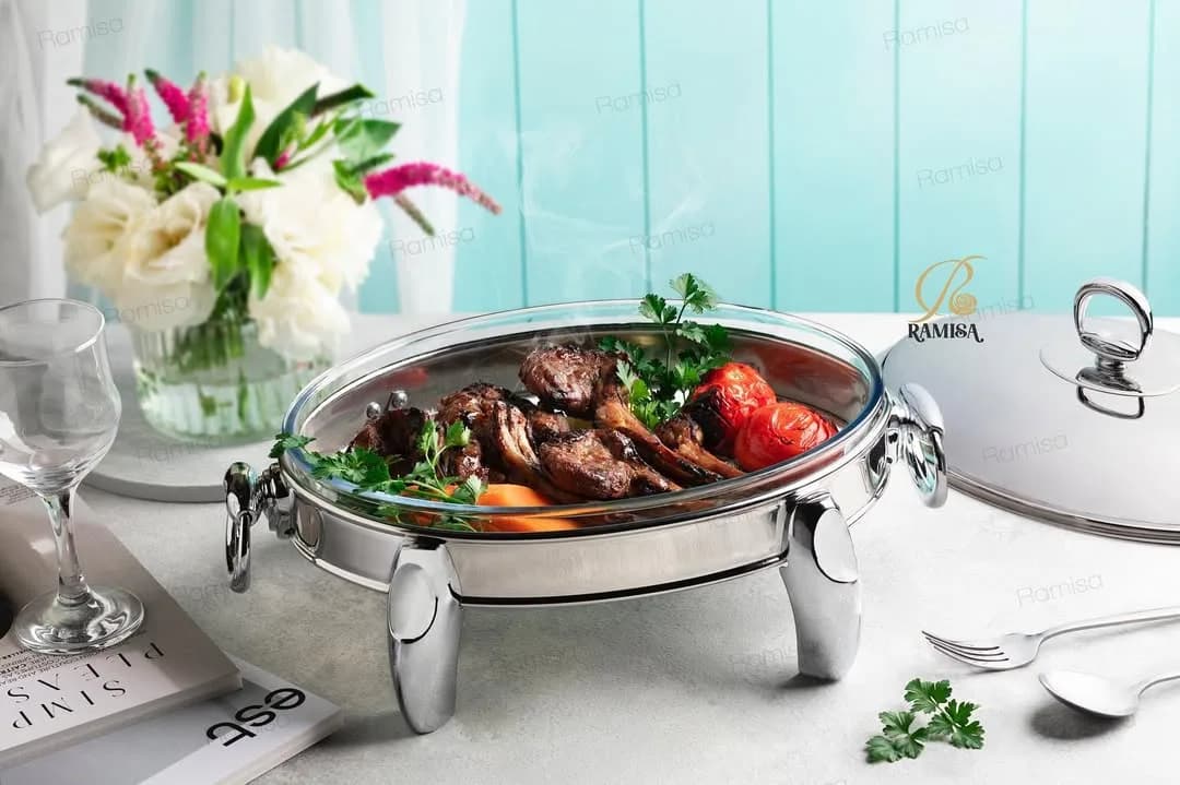 سوفلهخوری بیضی، رنگ استیل و شفاف، جنس فلز و شیشه، ظرف وارمردار بیضی