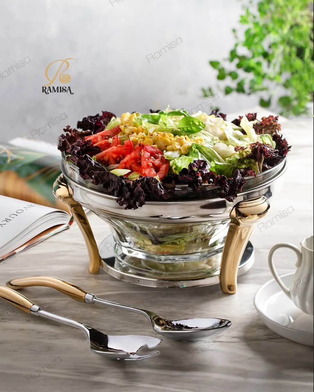 سالادخوری روما استیل و شیشه رامیسا، رنگ نقرهای و طلایی، کاسه با پایه و دسته