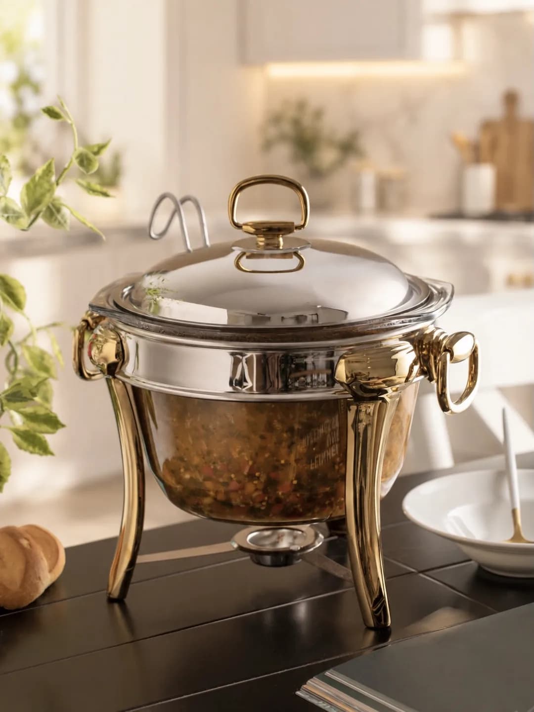سوفلهخوری رامیسا، رنگ استیل، طلایی و شفاف، جنس فلز و شیشه، ظرف وارمردار گرد