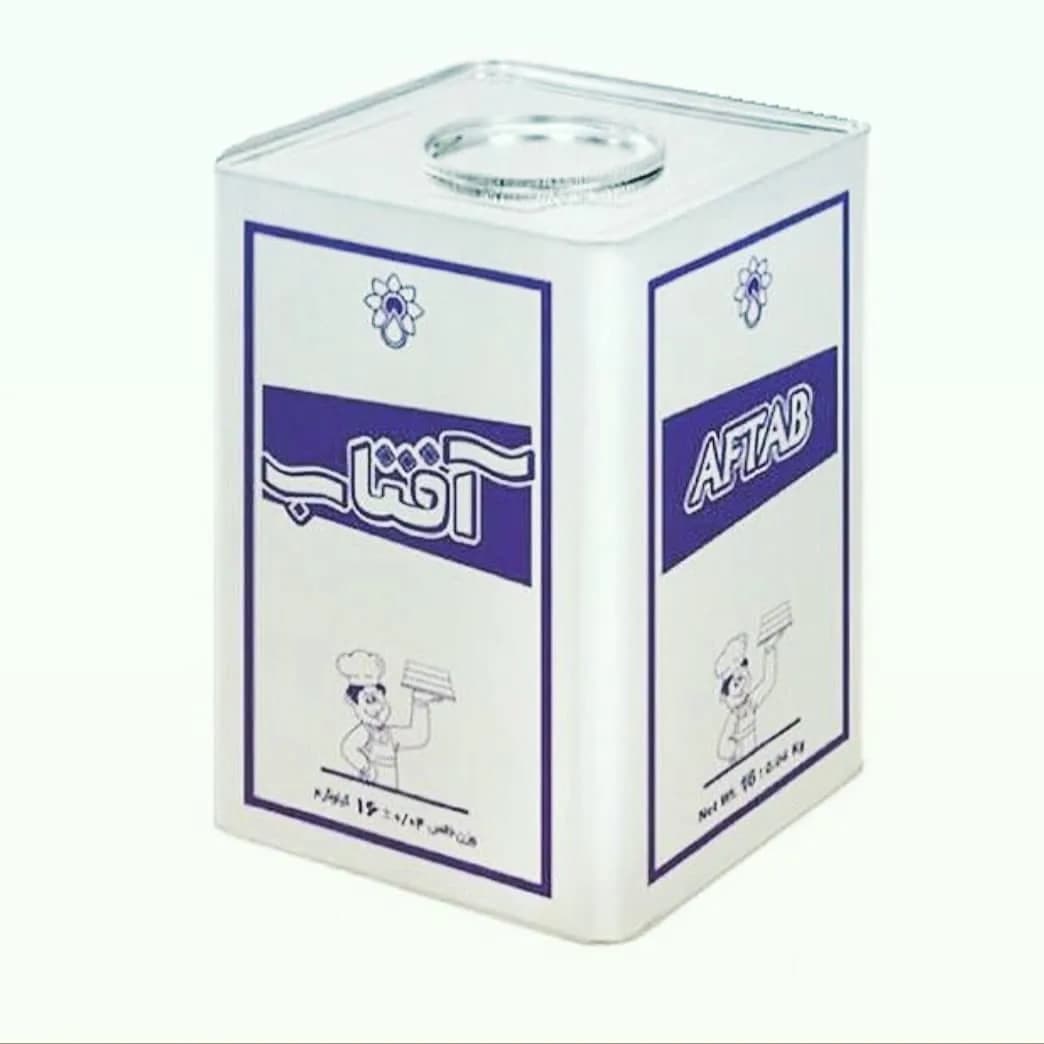 روغن مایع پخت و پز آفتاب، رنگ سفید و سرمه‌ای، جنس فلز، حلب مستطیلی