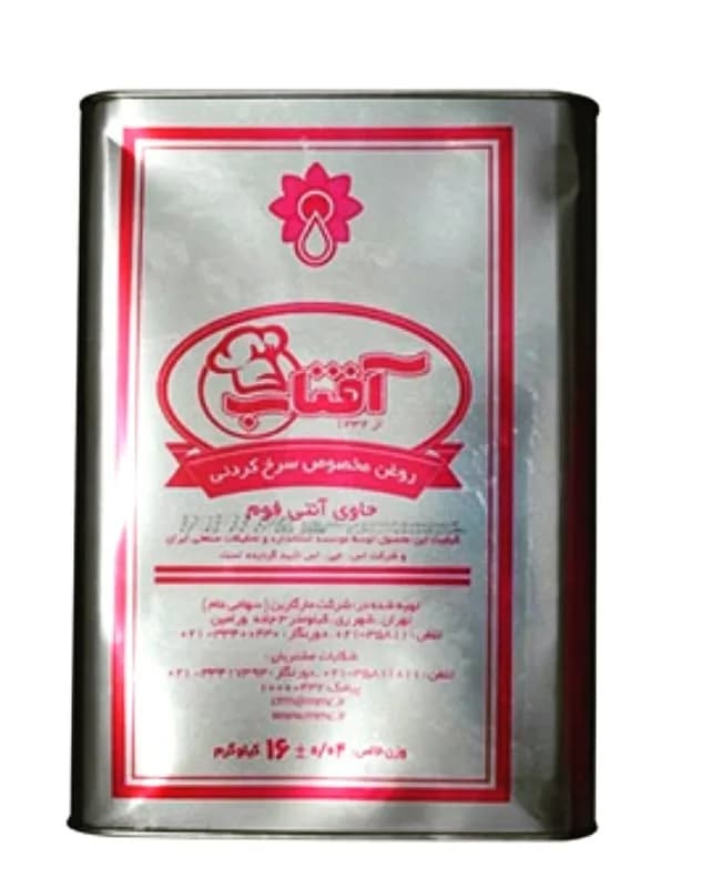 روغن سرخ کردنی آفتاب، رنگ نقره‌ای و قرمز، جنس فلز، قوطی فلزی مستطیل