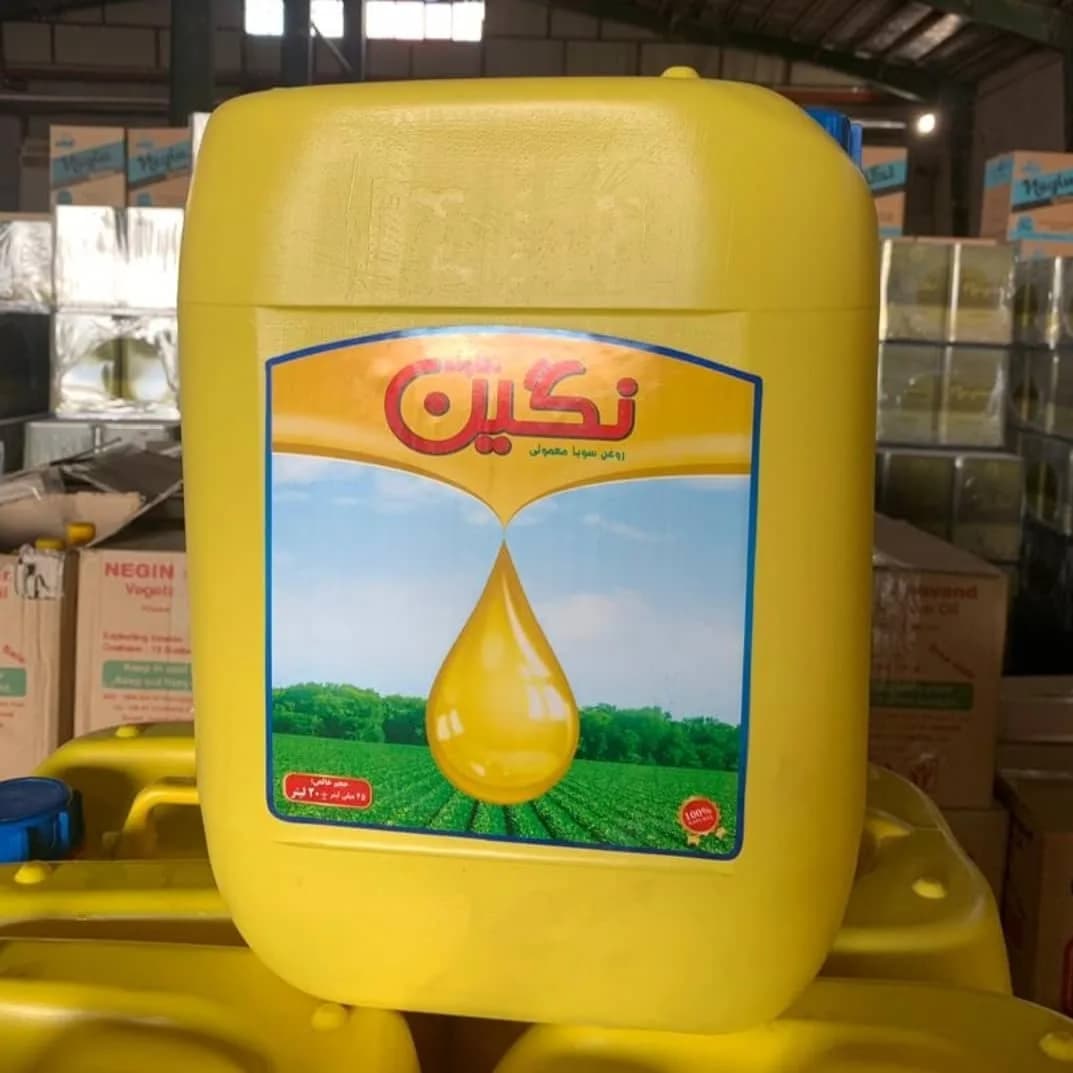 روغن سویا ۲۰ لیتری نگین، رنگ زرد، سفید و آبی، جنس پلاستیک، طرح منظر، گالن پلاستیکی بزرگ