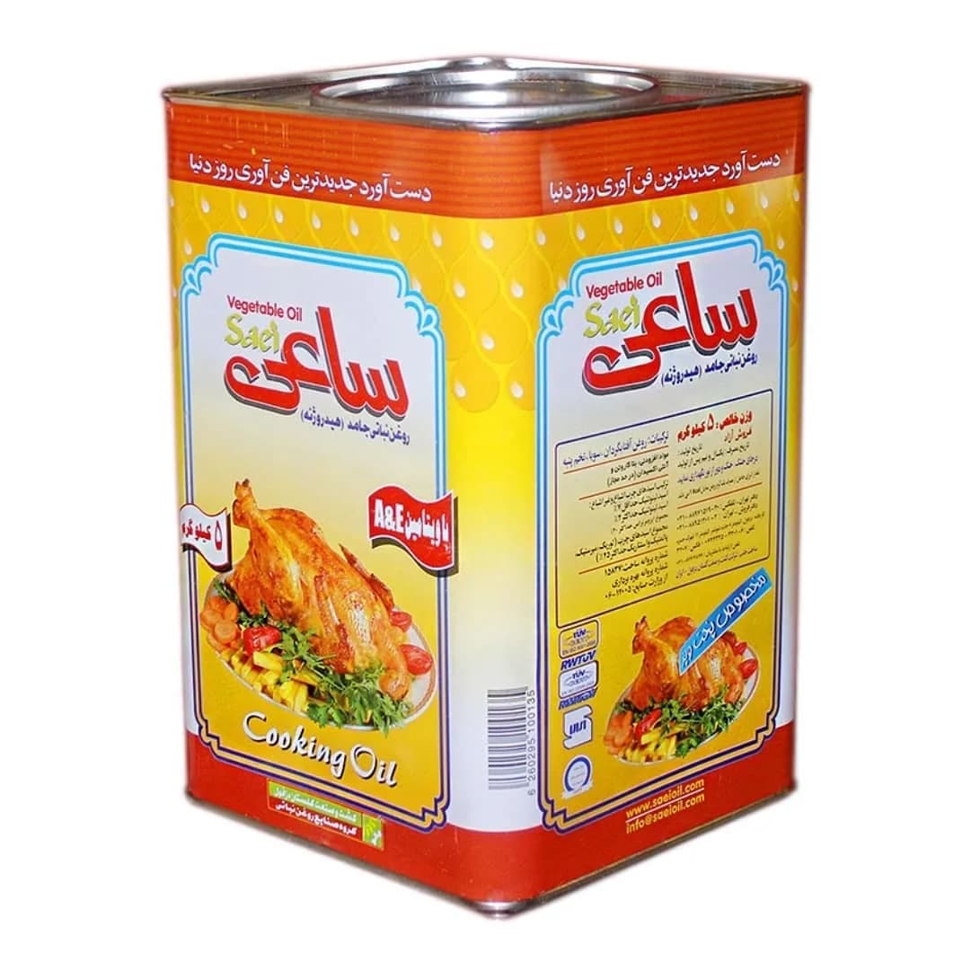 روغن جامد حلب ۴ کیلویی ساعی، رنگ زرد و قرمز، جنس فلز، حلبی مکعبی