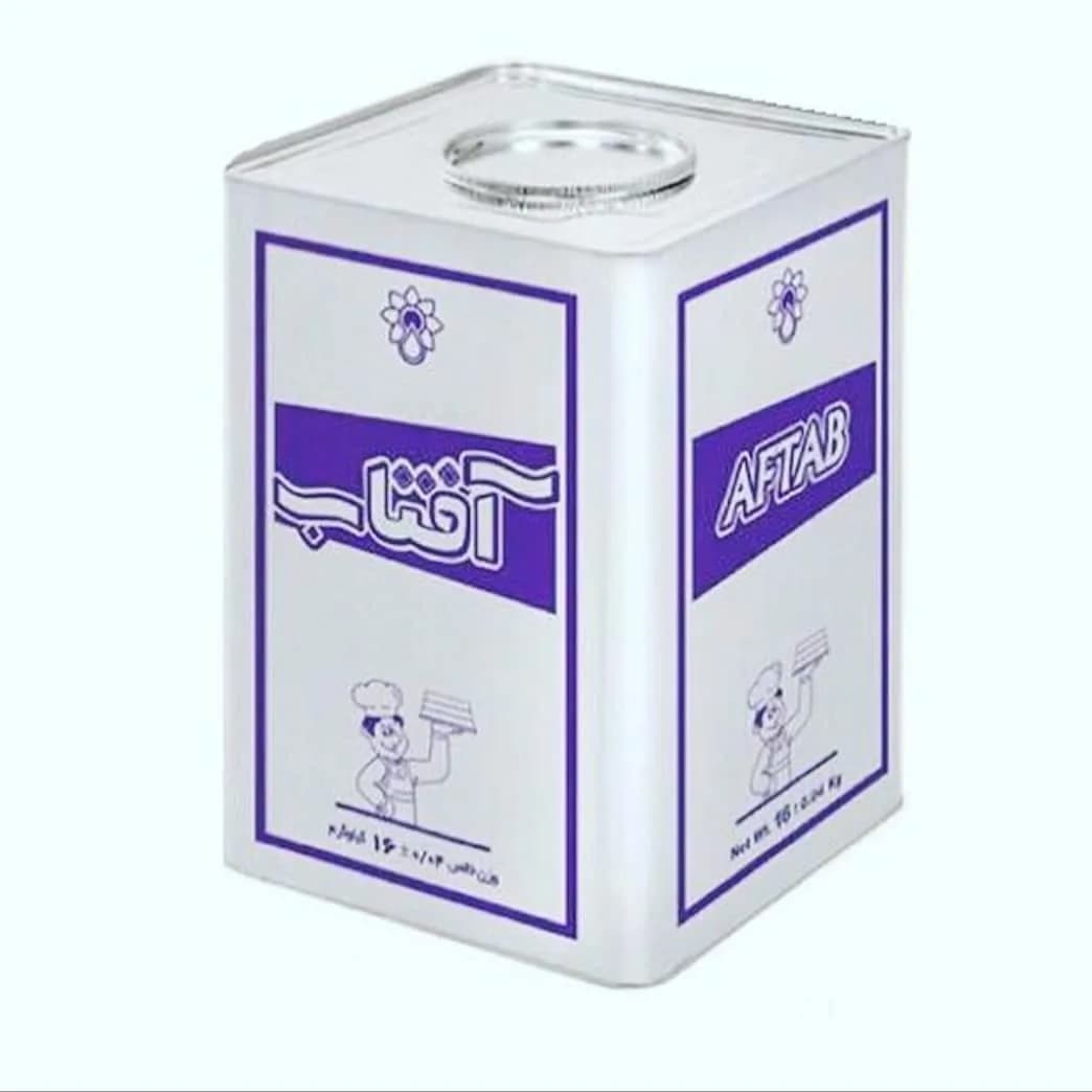 روغن جامد حلب ۱۶ کیلویی آفتاب، رنگ سفید و بنفش، جنس فلز، قوطی فلزی مکعبی