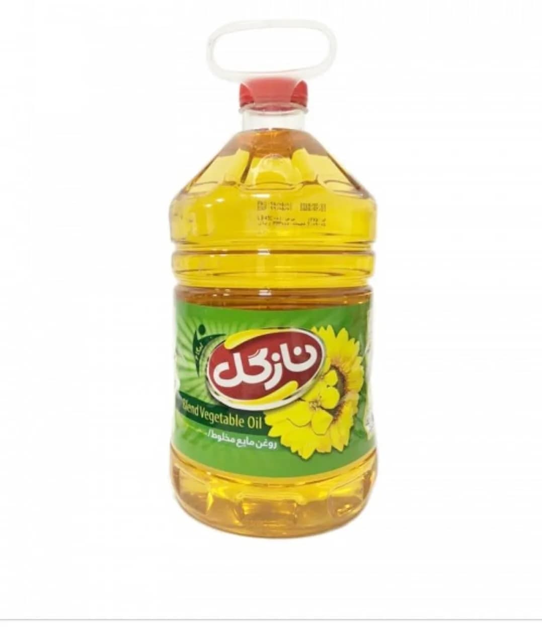 روغن مایع ۵ لیتری نازگل، رنگ زرد و سبز، جنس پلاستیک، بطری پلاستیکی