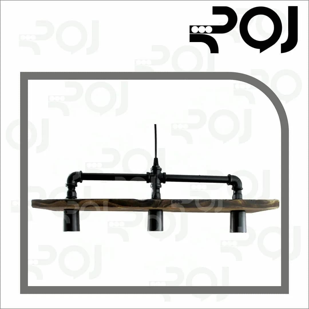 آویز ۳ شعله چوب RJ-LW 603، رنگ مشکی و قهوه‌ای، جنس فلز، آویز سقفی چوبی