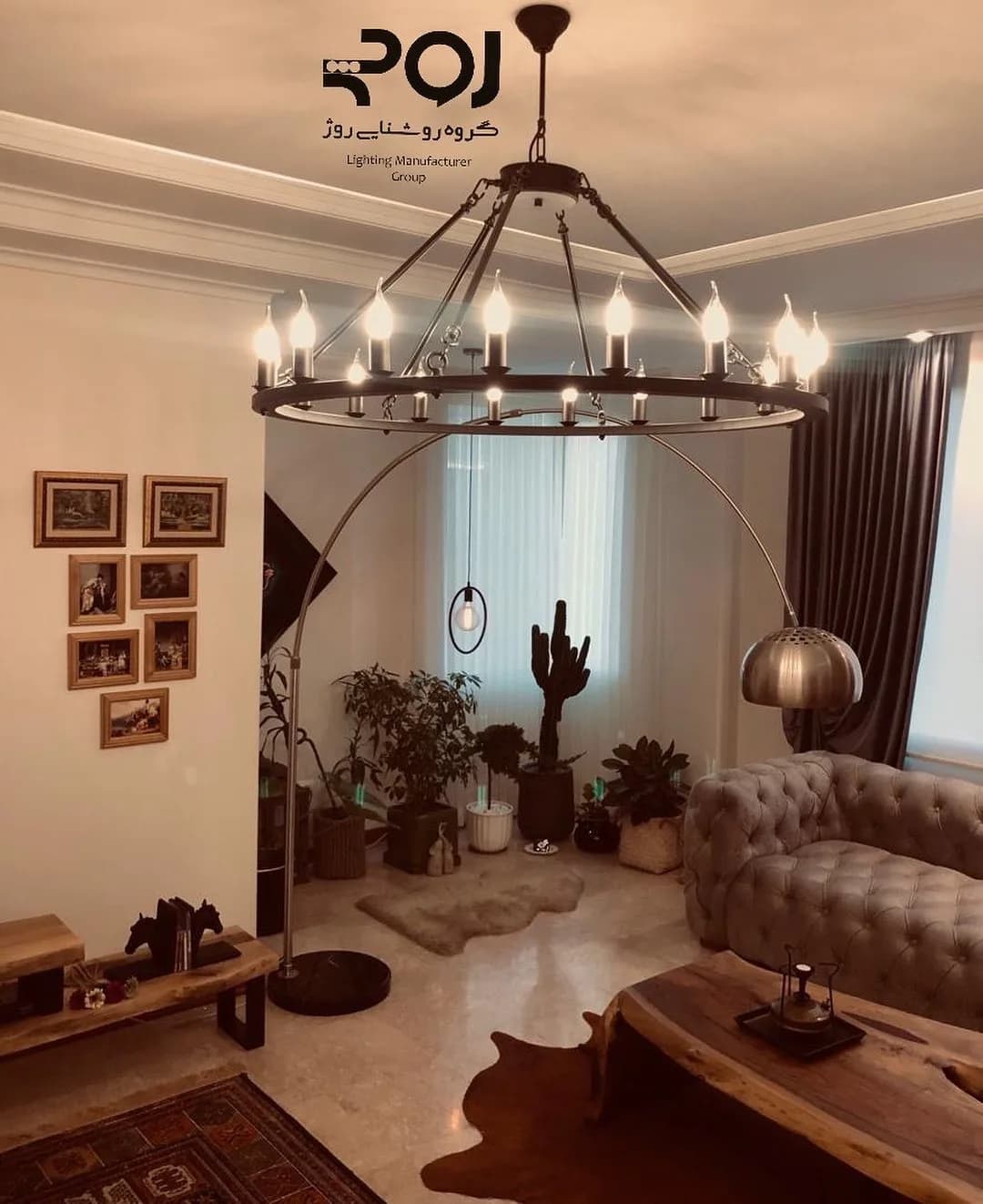 لوستر آویز داموس شمعی قطر ۱۰۰، رنگ سیاه و خاکستری، جنس فلز و پارچه، لوستر آویز بزرگ