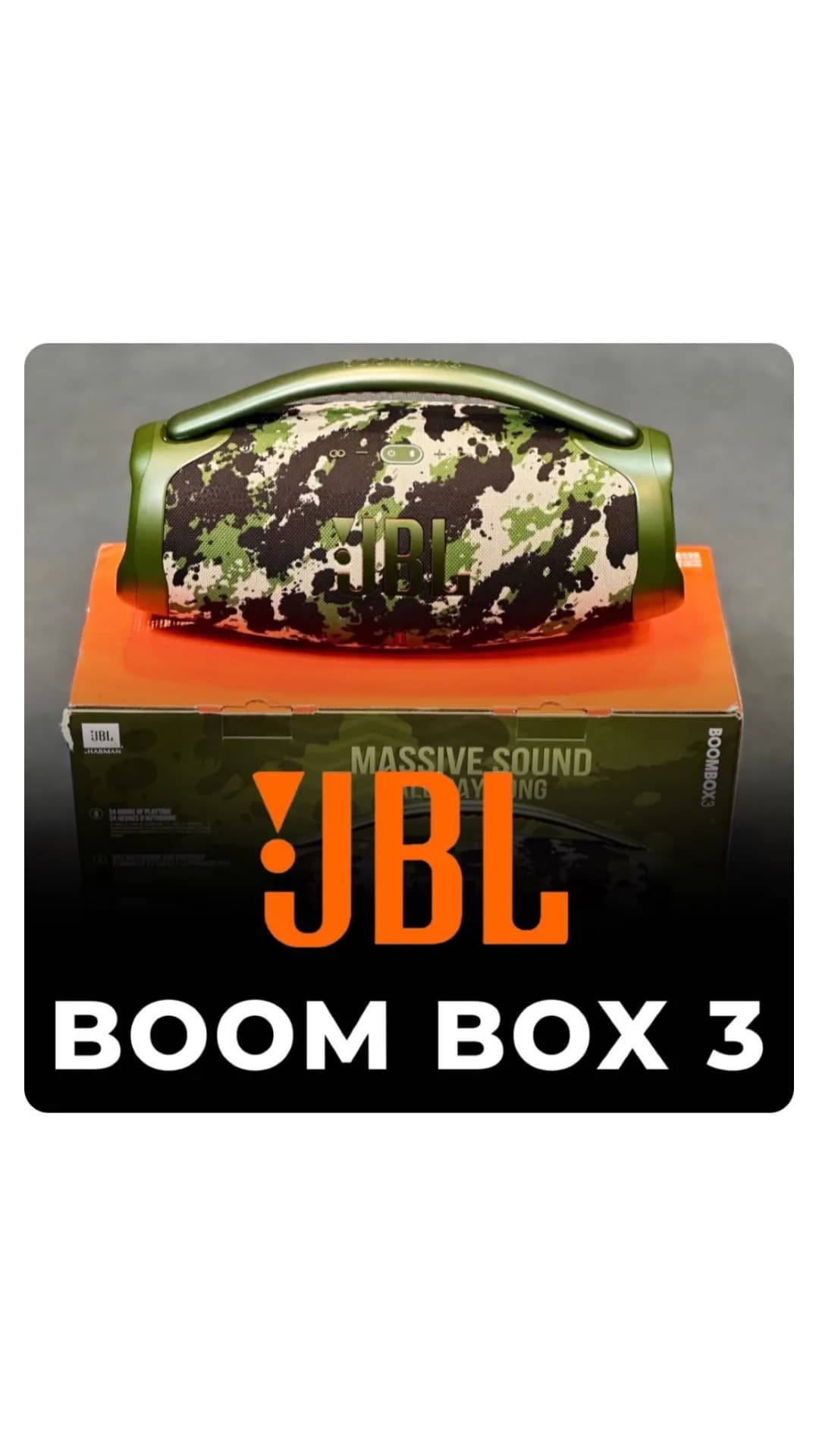 اسپیکر شارژی JBL Boombox 3 جی بی ال، رنگ سبز، مشکی و سفید، جنس پلاستیک، استوانهای دستهدار