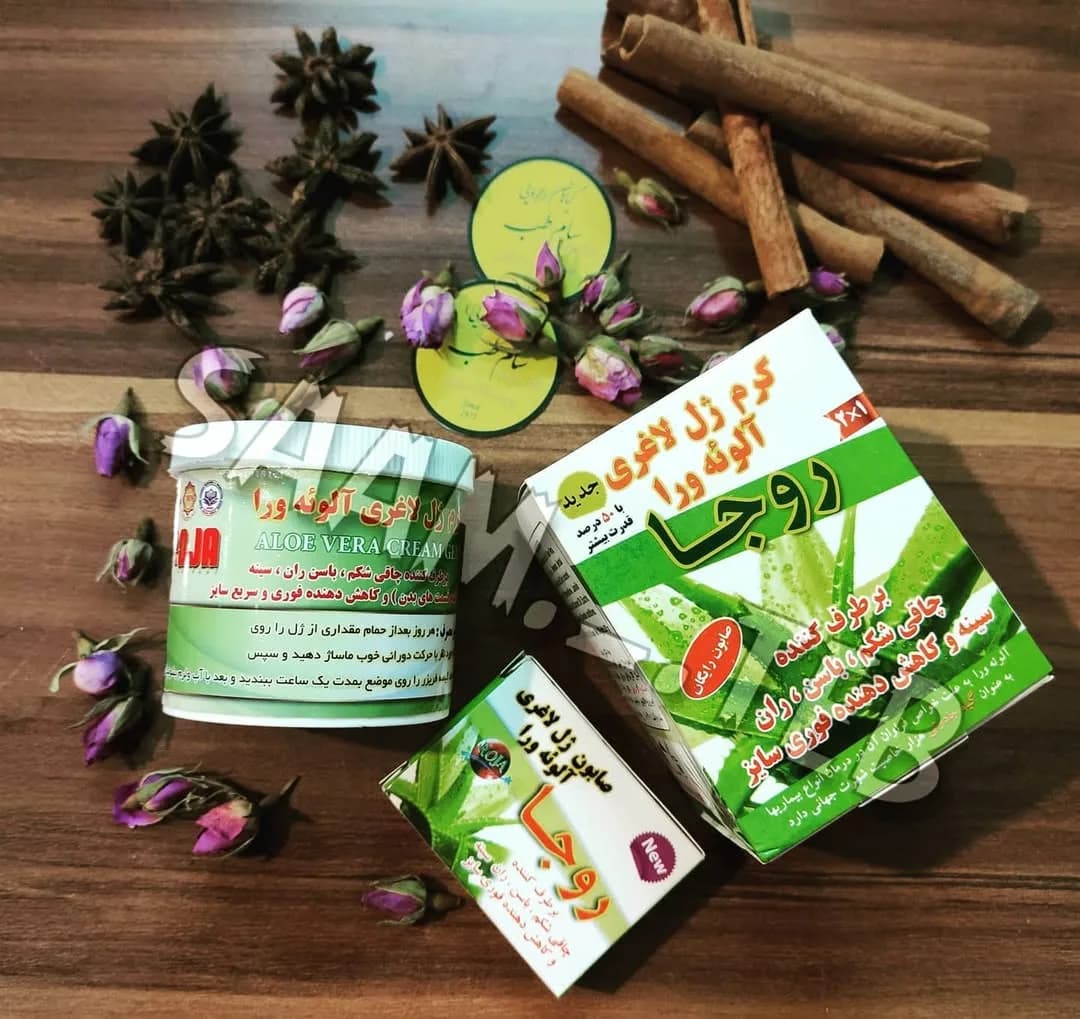 کرم ژل لاغری آلوئه ورا روچا، رنگ سبز و سفید، جنس پلاستیکی و مقوایی، قوطی و جعبه