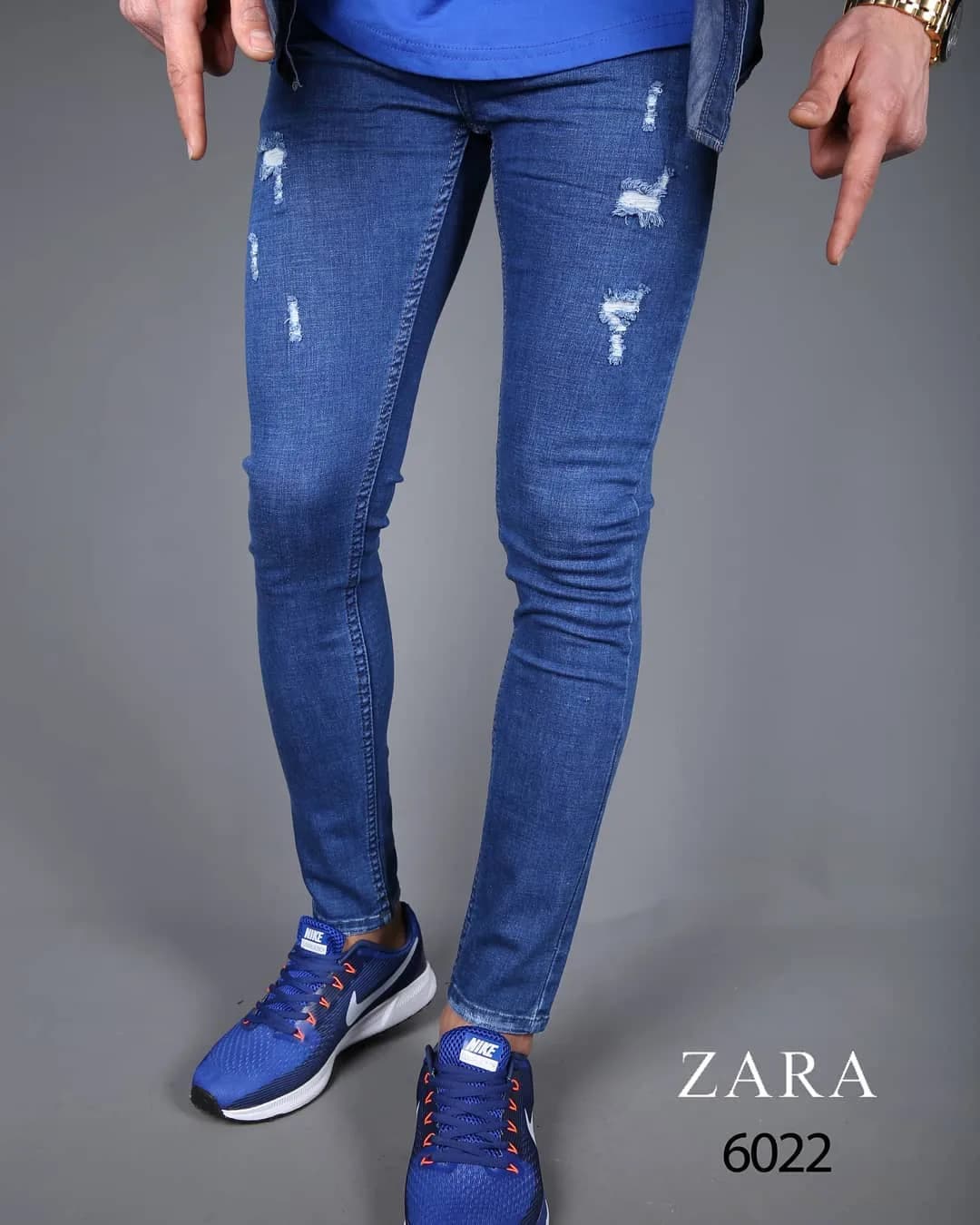 شلوار جین مردانه، رنگ آبی و سفید، طرح زاپ‌دار، جذب بلند