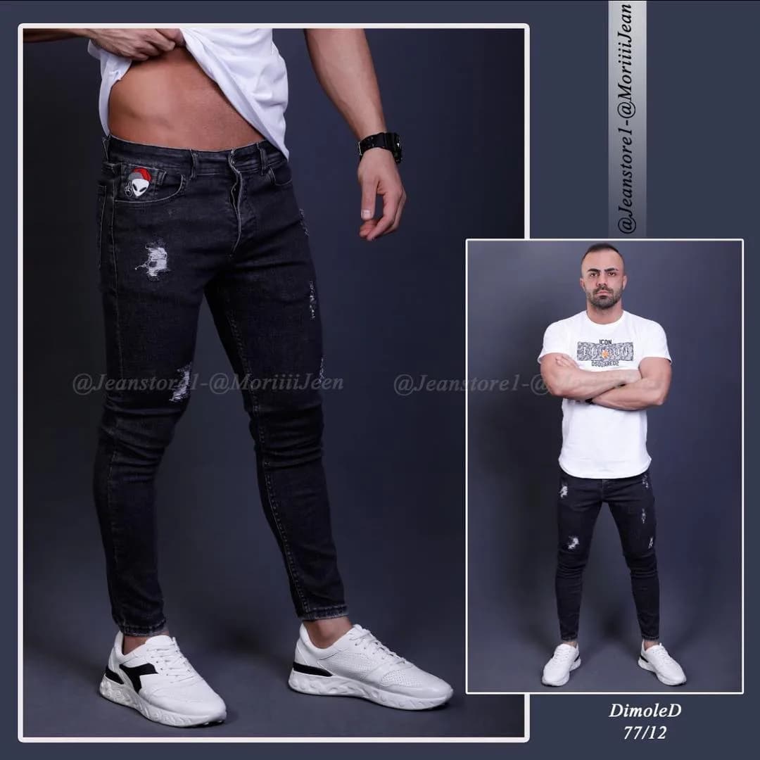 شلوار جین مردانه، رنگ مشکی و سفید، طرح زت‌زده و تکه‌دوزی، جذب، قد بلند