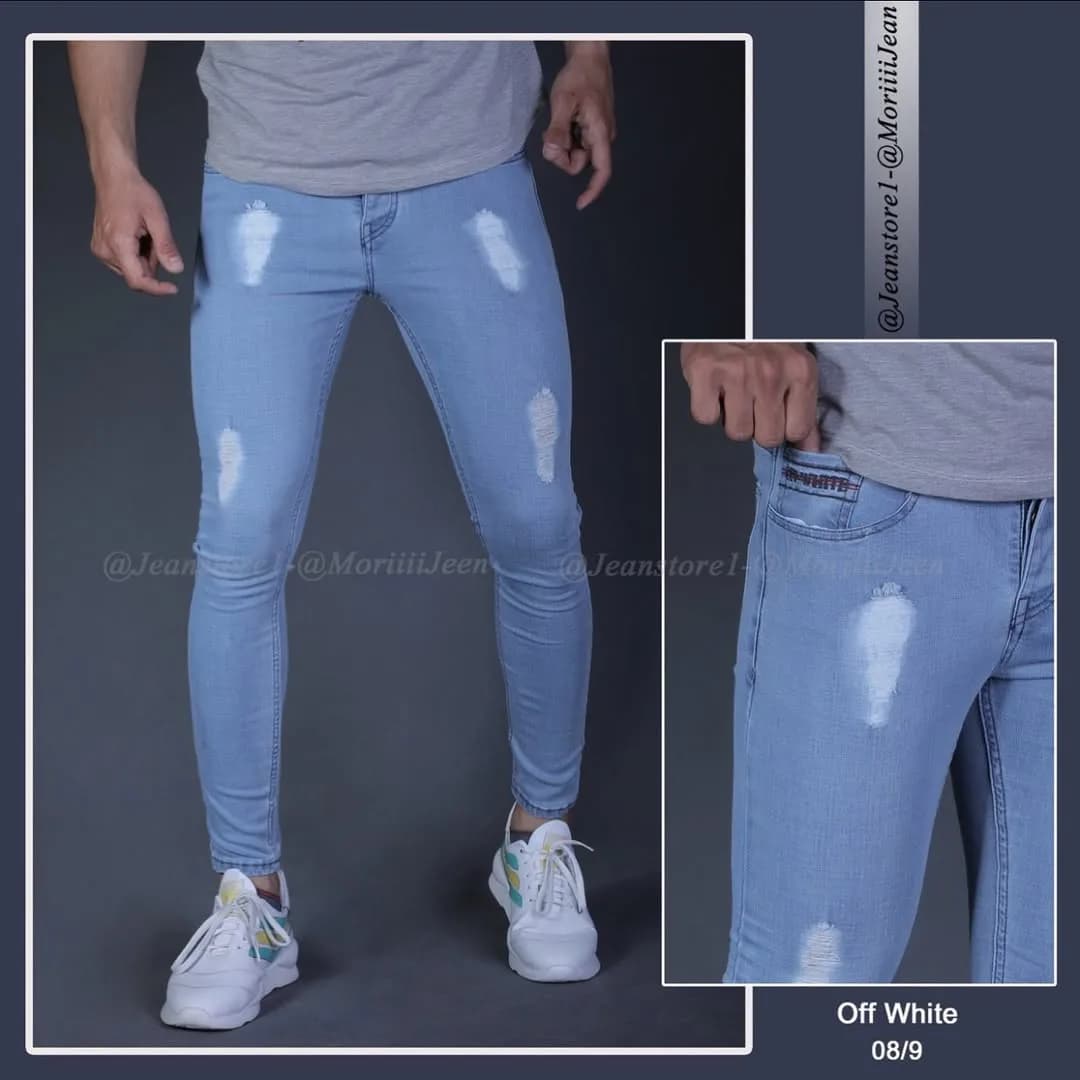 شلوار مردانه، رنگ آبی روشن و خاکستری، جنس جین، جذب، قد تا مچ