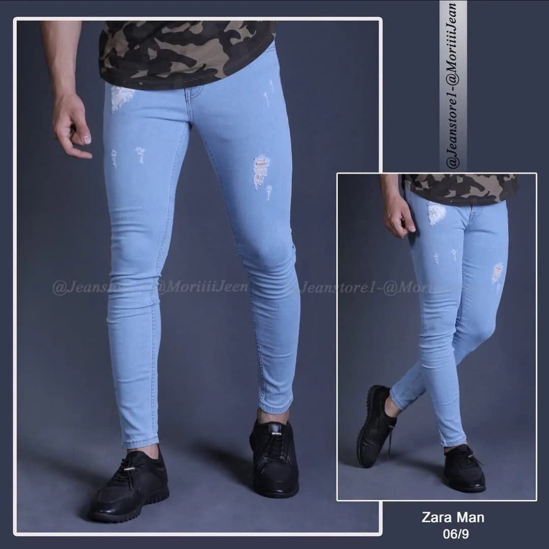 شلوار جین مردانه، رنگ آبی روشن، جذب، مچ‌دار، پاره