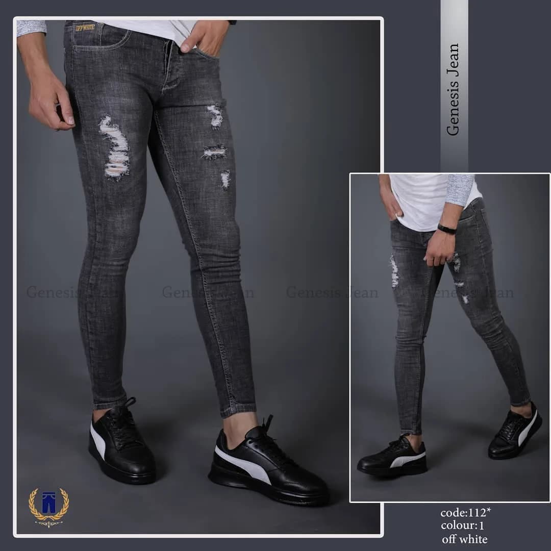 شلوار جین مردانه، رنگ خاکستری، طرح گلدوزی، بلند و جذب