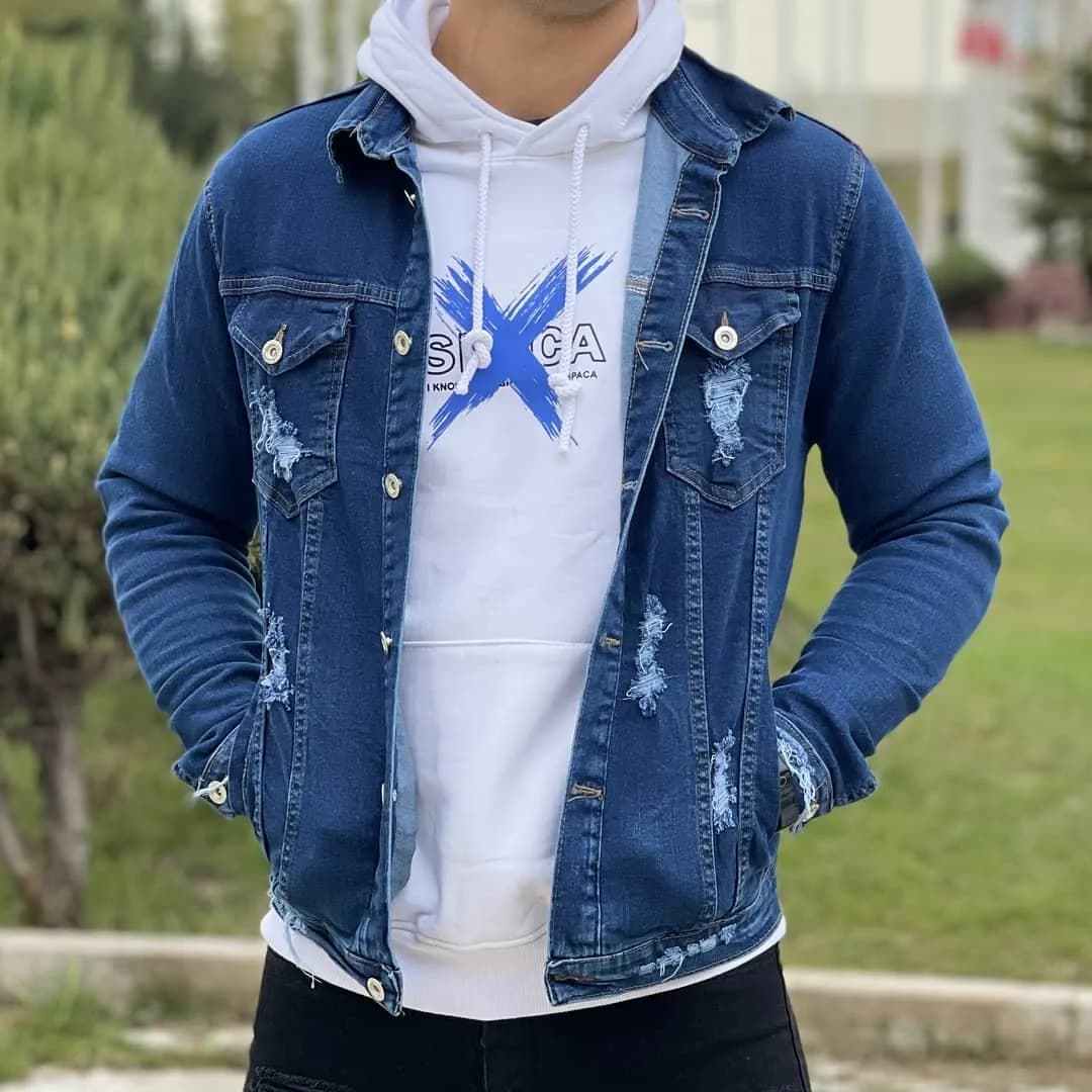 کت جین مردانه، رنگ آبی، کوتاه، یقه دار، آستین بلند