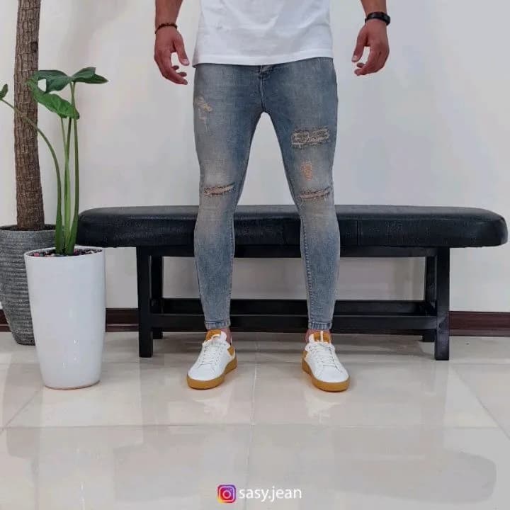 شلوار جین مردانه، رنگ آبی کمرنگ، جذب، پاره
