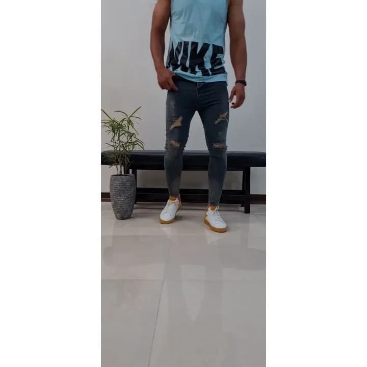 شلوار جین مردانه، رنگ خاکستری، جذب، پاره