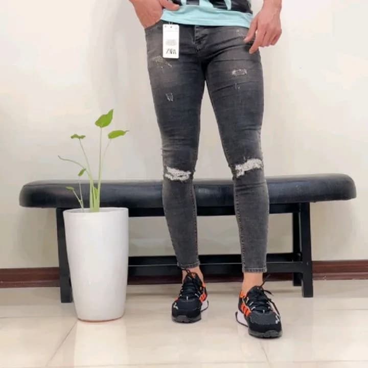 شلوار جین مردانه، رنگ خاکستری تیره، جذب، پاره