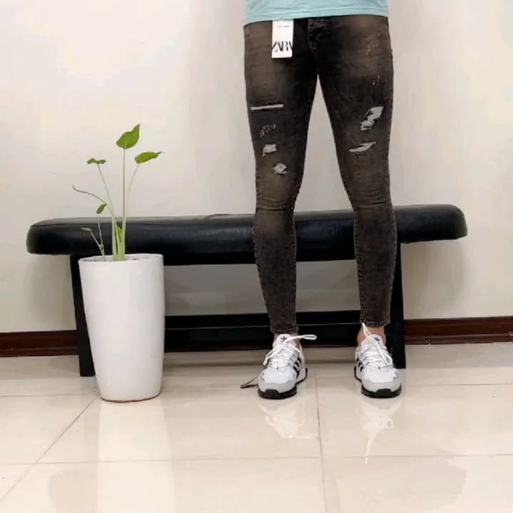 شلوار جین مردانه، رنگ خاکستری تیره، جذب، پاره