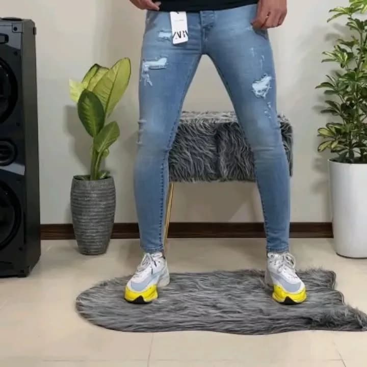 شلوار جین مردانه، رنگ آبی روشن، جذب، پاره