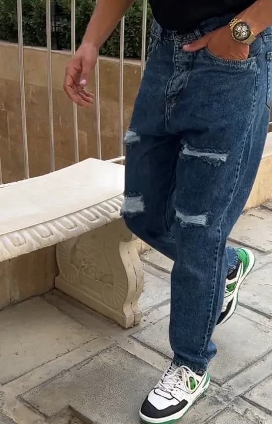 شلوار جین مردانه، رنگ آبی تیره، جذب، پاره