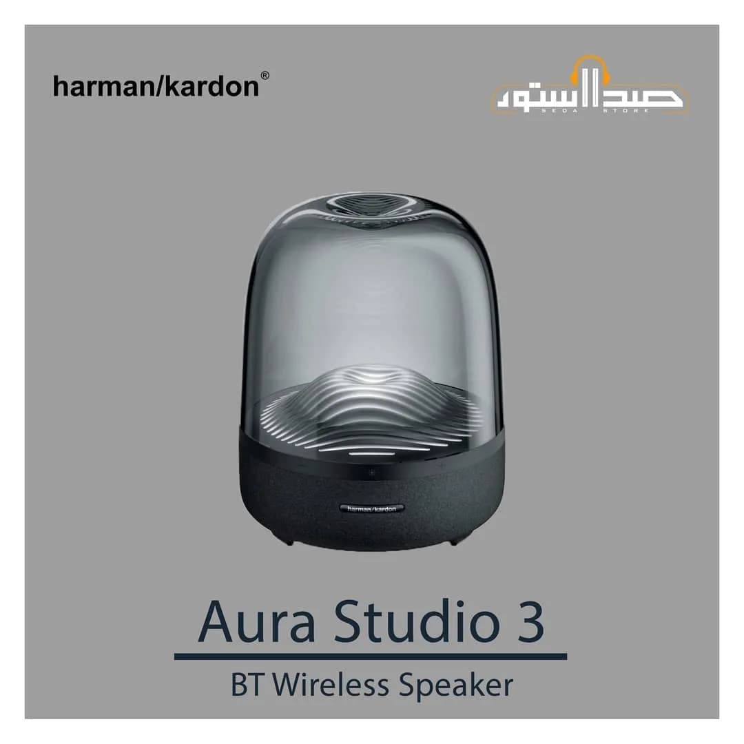 اسپیکر Aura Studio 3 هارمن کاردن، رنگ مشکی و خاکستری، جنس شیشه و پارچه، استوانه‌ای، گنبدی