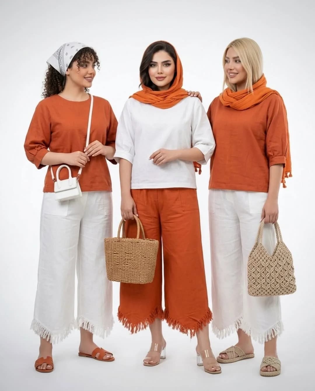ست رویه و شلوار نخی، رنگ نارنجی و سفید، جنس لینن، شومیز آستین سه چهارم، شلوار گشاد ریش‌دار