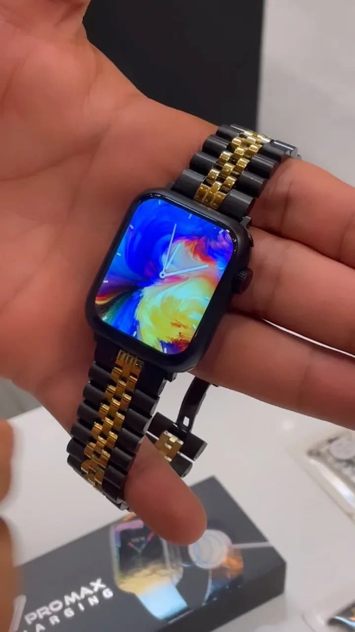 ساعت هوشمند PMS7 Pro Max، رنگ مشکی و طلایی، جنس فلز، مستطیلی، بند فلزی زنجیری