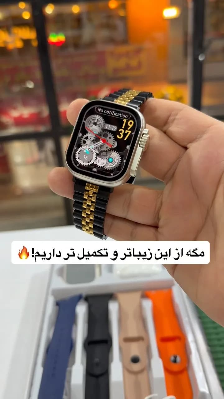 بند رولکسی لاکچری ساعت هوشمند، رنگ سیاه و طلایی، جنس فلز و سیلیکون، مربعی، بند فلزی