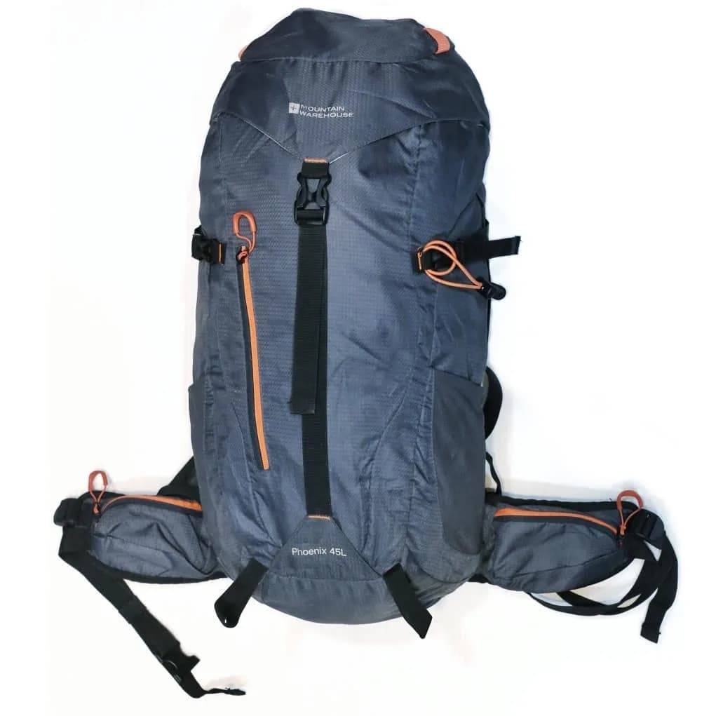 کوله پشتی ۴۵ لیتری mountain warehouse، رنگ خاکستری، نارنجی و مشکی، جنس برزنت، کوهنوردی جیبدار